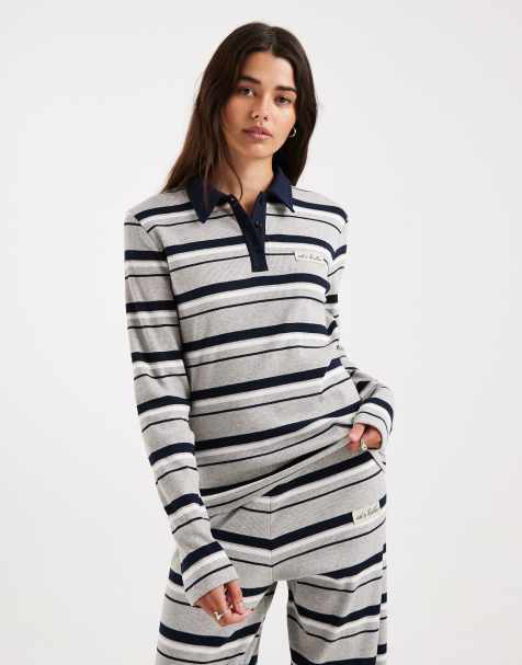 4th & Reckless cotton rich ribbed logo detail collared long sleeve top co-ord in navy and grey stripe