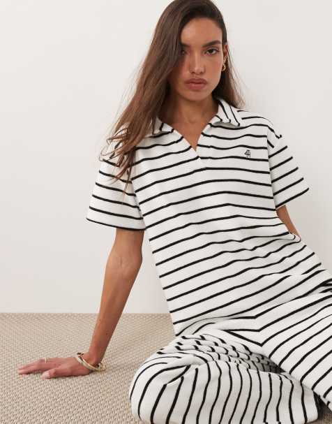 4th & Reckless cotton rich terrycloth collared polo top in black & white stripe - part of a set - view 1