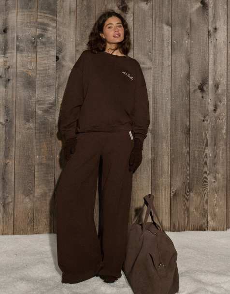 4th & Reckless cotton rich tie waist wide leg sweatpants in chocolate - part of a set - view 1