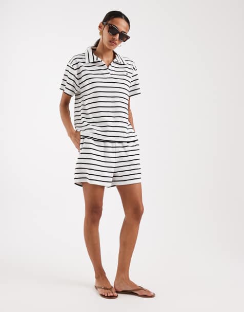 4th & Reckless cotton rich towelling collared drawstring waist shorts co-ord in black & white stripe - view 1
