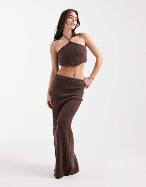 4th & Reckless cotton rich zig zag knit halterneck beach top and beach maxi skirt set in chocolate - view 1
