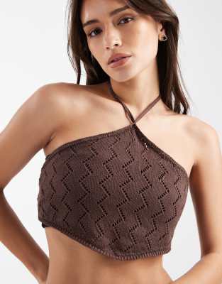 4th & Reckless Cotton Rich Zig Zag Knit Halterneck Beach Top In Burgundy