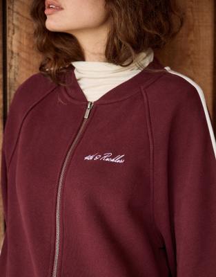 4th & Reckless Cotton Rich Zip Through Embroidered Logo Bomber Sweatshirt Co-ord In Red