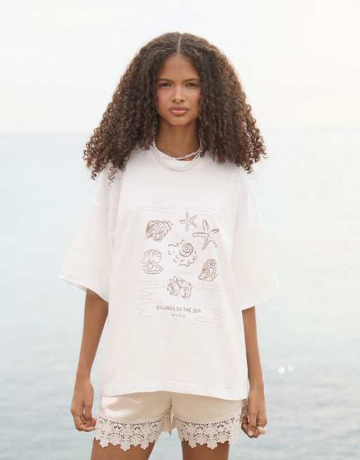 4th & Reckless cotton shell graphic oversized T-shirt in cream, 3 of 4