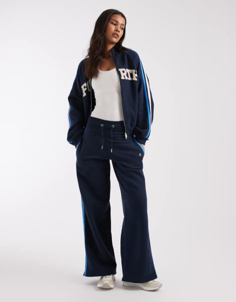 4th & Reckless cotton side stripe funnel neck teddy logo zip up hoodie and wide leg pants set in navy - view 1