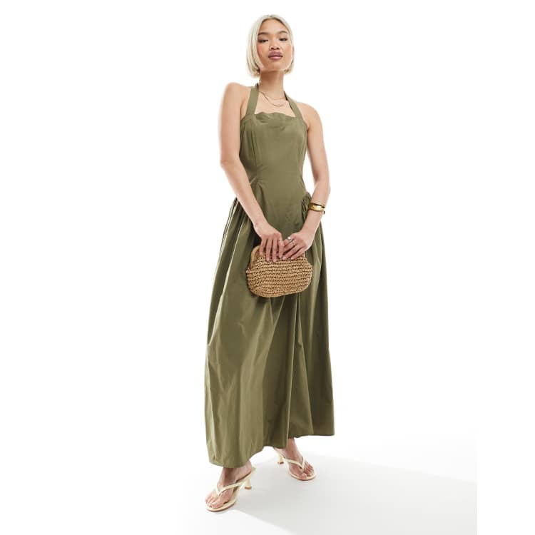 Green Olive Bridesmaid Dress Satin One Shoulder Maxi | US0