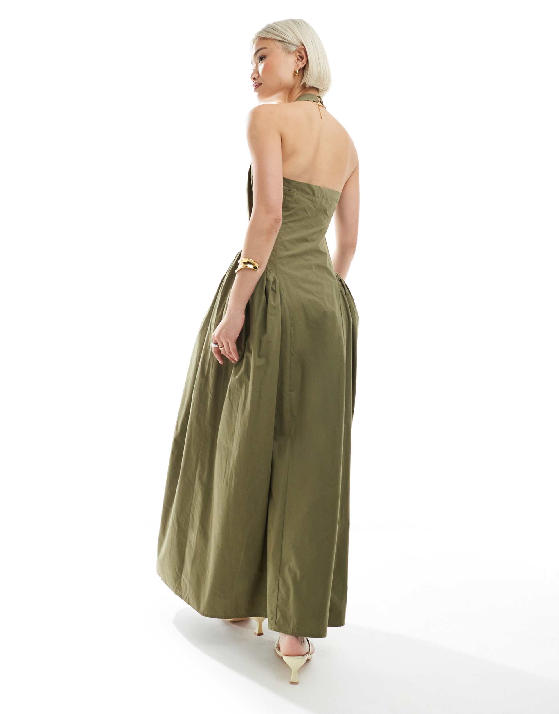 4th & reckless cotton square halterneck hip pleat detail maxi dress in olive green