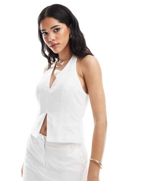 4th & Reckless cotton tailored halterneck front split waistcoat top co-ord in white - view 1