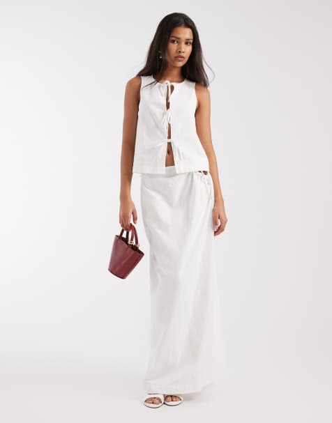 4th & Reckless cotton tie side detail beach maxi skirt co-ord in white - view 1