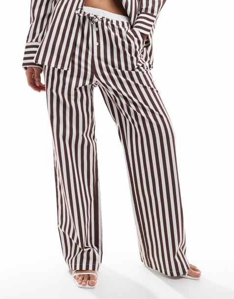 4th & Reckless cotton wide leg boxer detail tie waist pants in brown stripe - part of a set - view 1