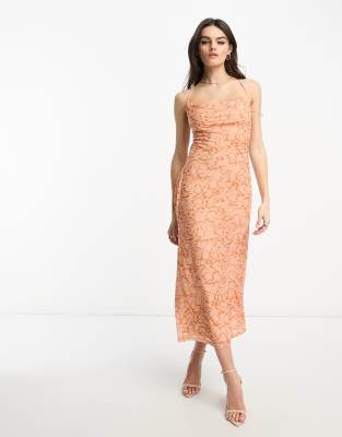 4th & Reckless Cowl Neck Strappy Back Midi Dress In Orange Snake Print