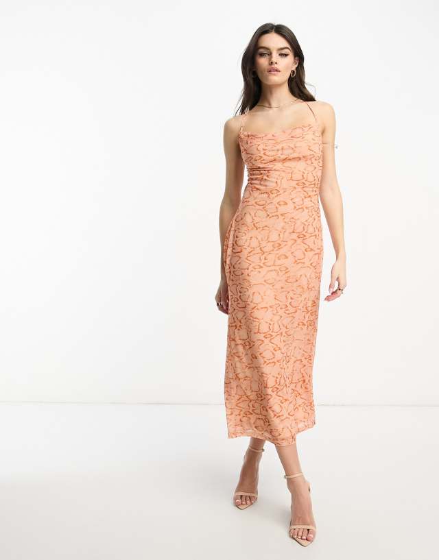 4th & Reckless cowl neck strappy back midi dress in orange snake print