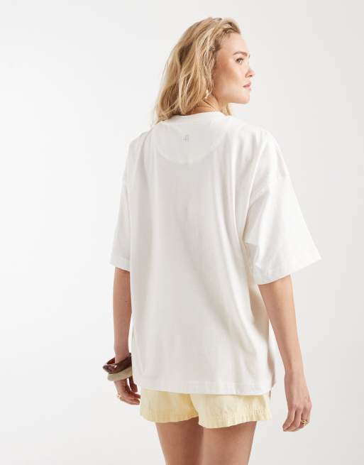 4th & Reckless - Cremehvid oversized bomulds-T-shirt med strand- og palmeprint, 2 af 4