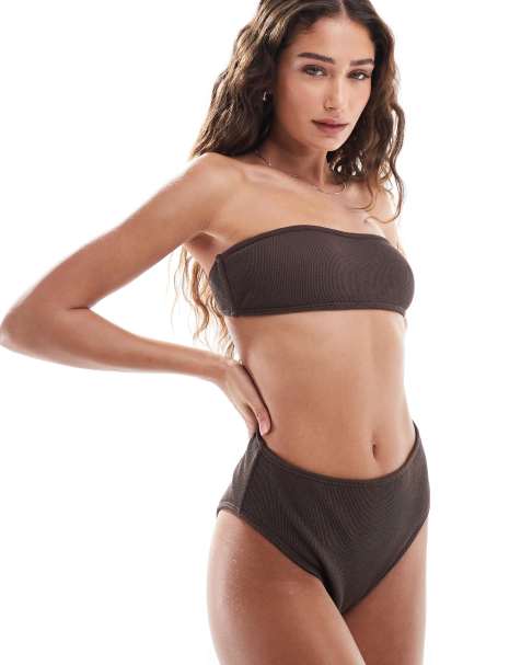 4th & Reckless crinkle bandeau bikini top in brown - part of a set - view 1