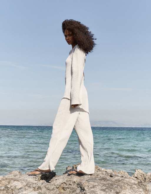 4th & Reckless crinkle elastic waist wide leg beach pants in off white - part of a set, 4 of 4