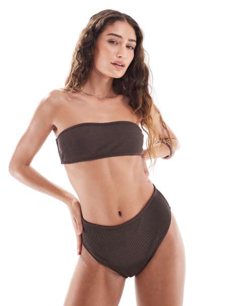 4th & Reckless crinkle high waist bikini bottom co-ord in brown - view 1