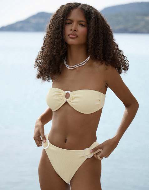 4th & Reckless crinkle pearlescent ring detail bandeau bikini top co-ord in yellow - view 1