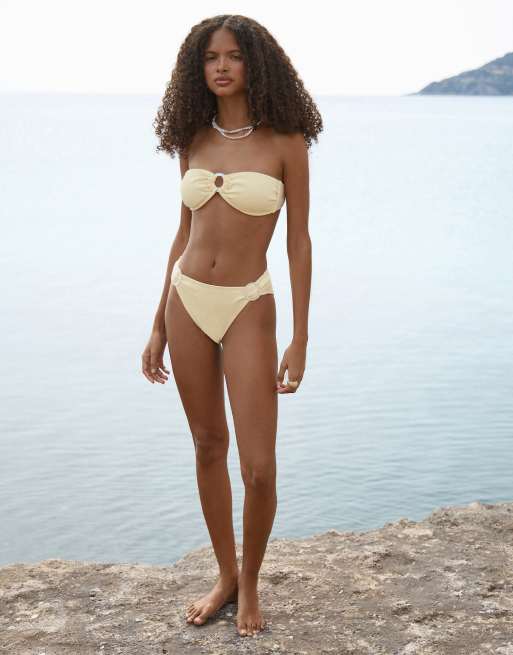 4th & Reckless crinkle pearlescent ring detail bandeau bikini top co-ord in yellow, 3 of 4