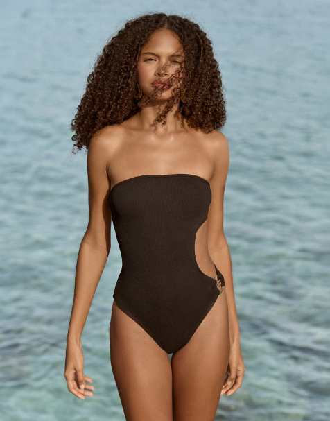 4th & Reckless crinkle spiral hardware cutout bandeau swimsuit in black - view 1