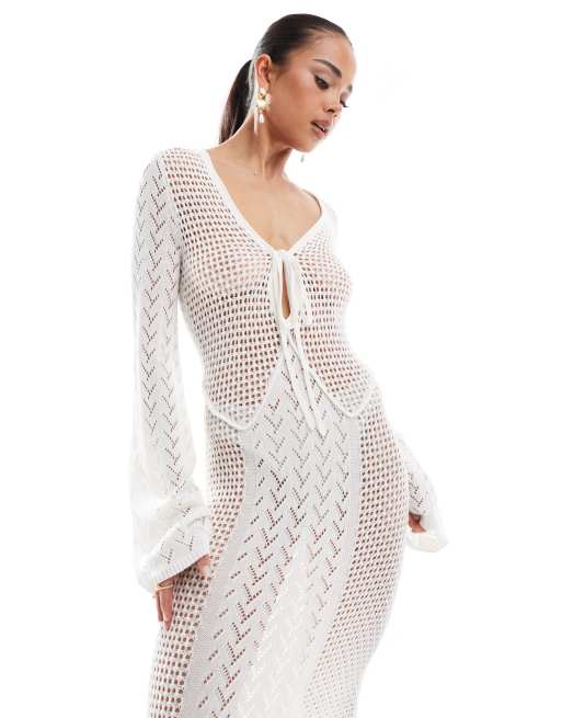 4th & Reckless crochet flared sleeve keyhole detail maxi beach dress in cream