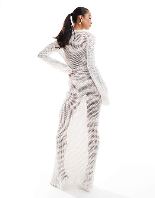 4th & Reckless crochet flared sleeve keyhole detail maxi beach dress in cream