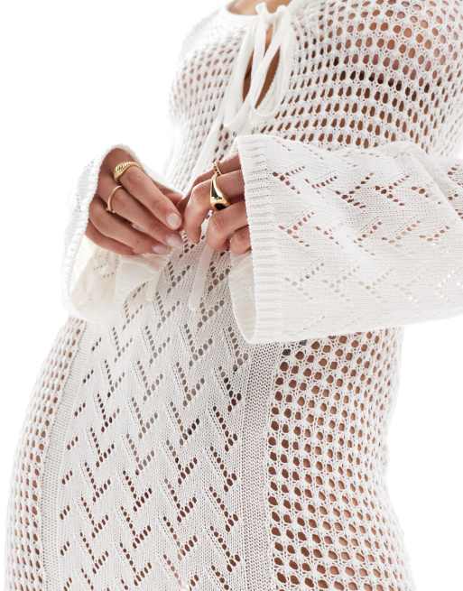 4th & Reckless crochet flared sleeve keyhole detail maxi beach dress in cream