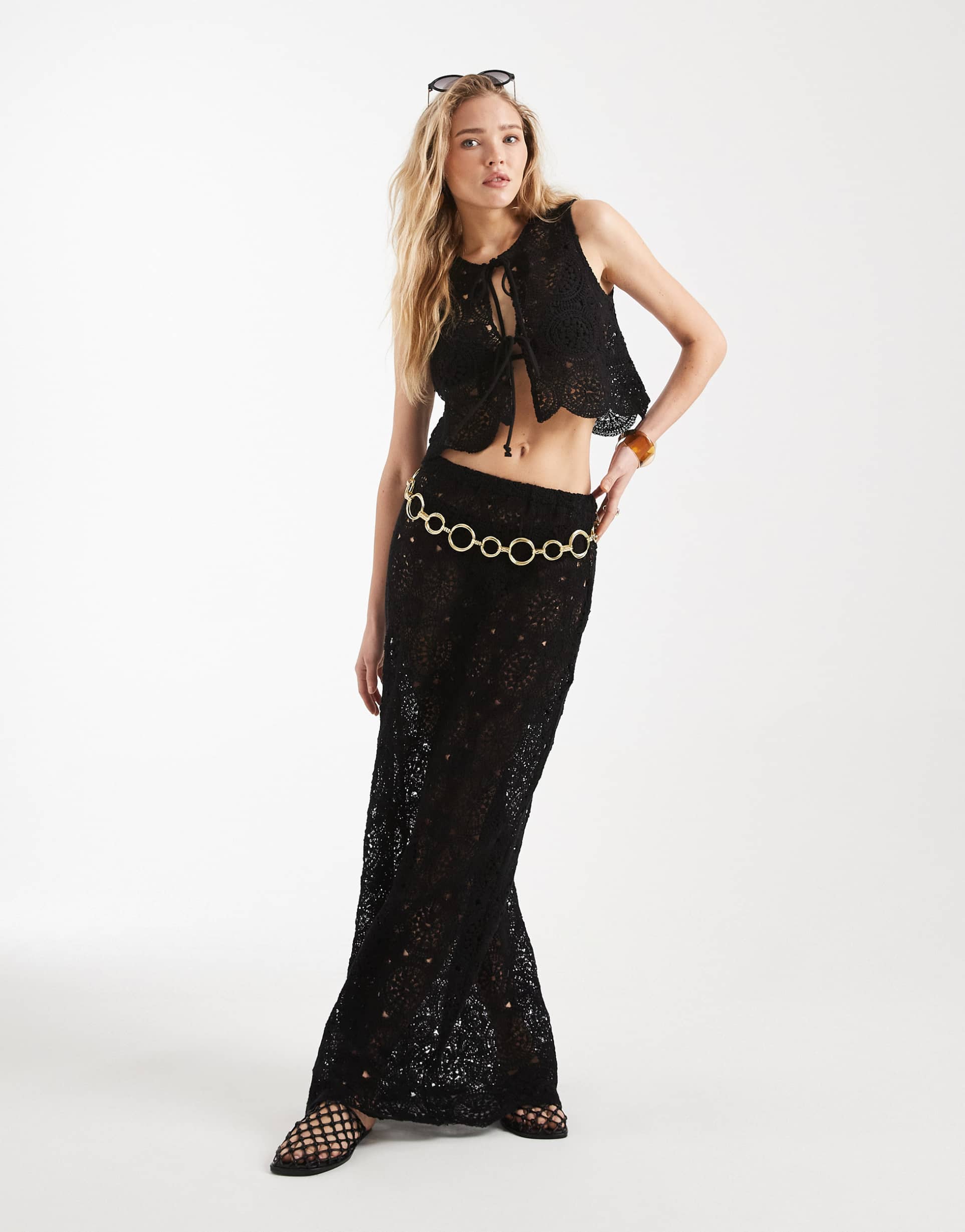 4th & reckless crochet floral scallop edge beach maxi skirt in black - part of a set