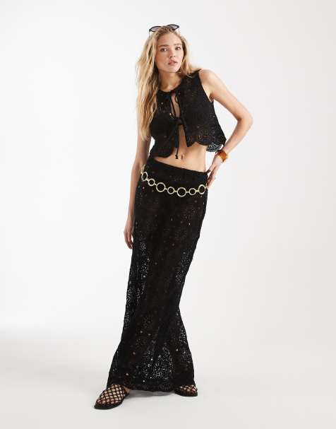 4th & Reckless crochet floral tie front cropped beach vest and maxi skirt set in black - view 1