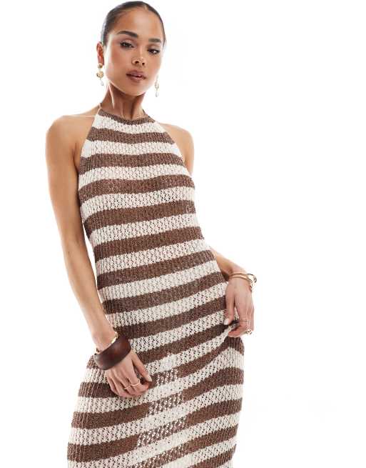 4th & Reckless crochet halterneck low back maxi beach dress in brown stripe, 2 of 4