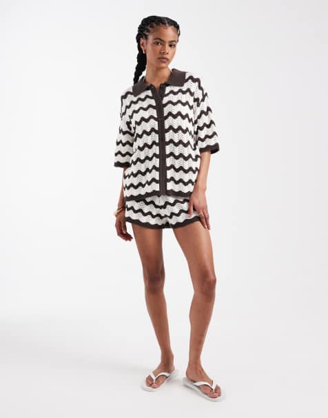 4th & Reckless crochet knit beach shirt and beach shorts set in brown & white zig zag - view 1