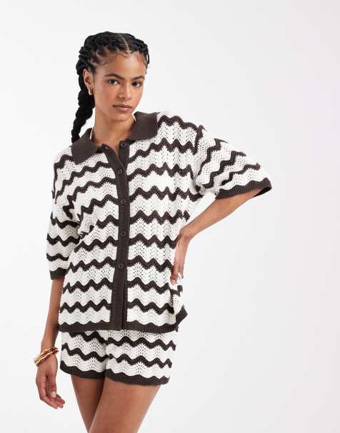 4th & Reckless crochet knit beach shirt co-ord in brown & white zig zag - view 1