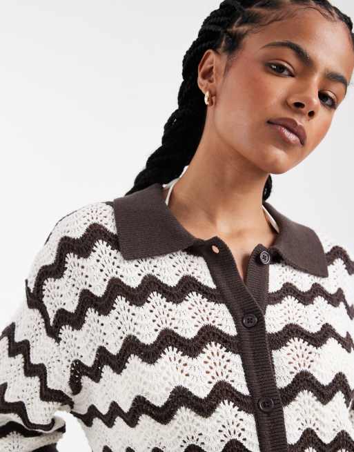 4th & Reckless crochet knit beach shirt in brown & white zigzag