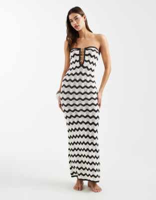 4th & Reckless crochet knit bead detailing strapless maxi dress in brown & white zig zag
