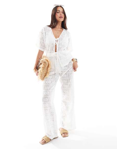 4th & Reckless crochet lace wide leg trouser co-ord in white