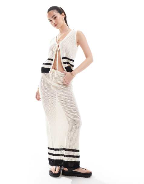 4th & Reckless crochet open tie front sleeveless beach top and skirt set in cream and black stripe - view 1
