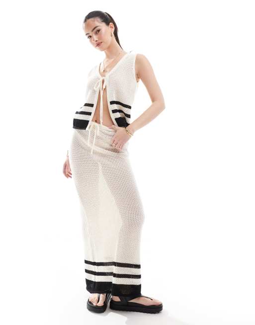 4th & Reckless crochet open tie front sleeveless beach top and skirt set in cream and black stripe