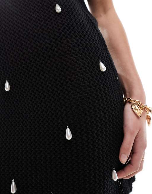 4th & Reckless crochet pearl embellished scallop trim mini beach dress in black, 2 of 4