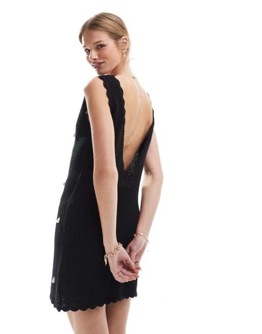 4th & Reckless crochet pearl embellished scallop trim mini beach dress in black, 4 of 4