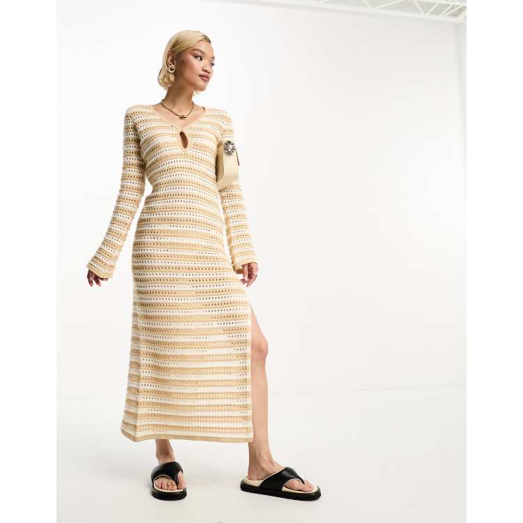 4th & Reckless crochet side split maxi dress in beige stripe