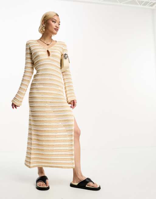 4th & Reckless crochet side split maxi dress in beige stripe