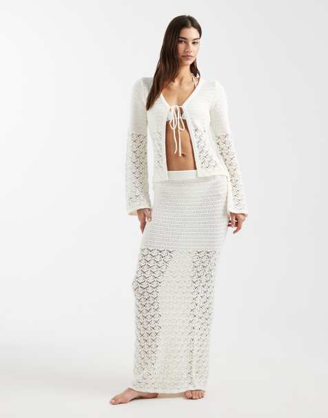 4th & Reckless crochet tie front wide sleeve beach top and beach maxi skirt set in white - view 1