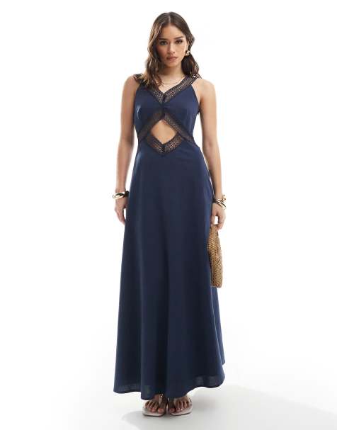 4th & Reckless crochet trim front cut out v neck maxi dress in navy - view 1