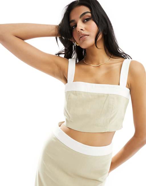4th & Reckless - Crop top aspect lin d'ensemble à fines bretelles et bord contrastant - Beige