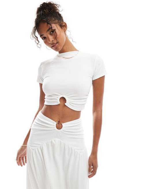 4th & Reckless - Crop top bianco aderente a doppio strato con scollo a barchetta e dettaglio ad anello in metallo in coordinato 