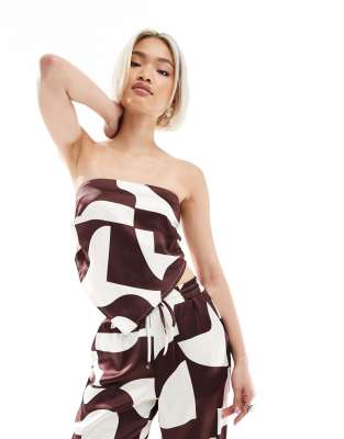 Crop top bustier d'ensemble satiné à imprimé géométrique et effet foulard - Marron-Multicolore 34