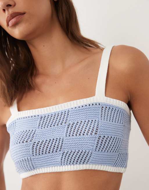 4th & Reckless - Crop top da mare misto cotone blu a quadri misti all'uncinetto con scollo quadrato in coordinato, 4 di 5