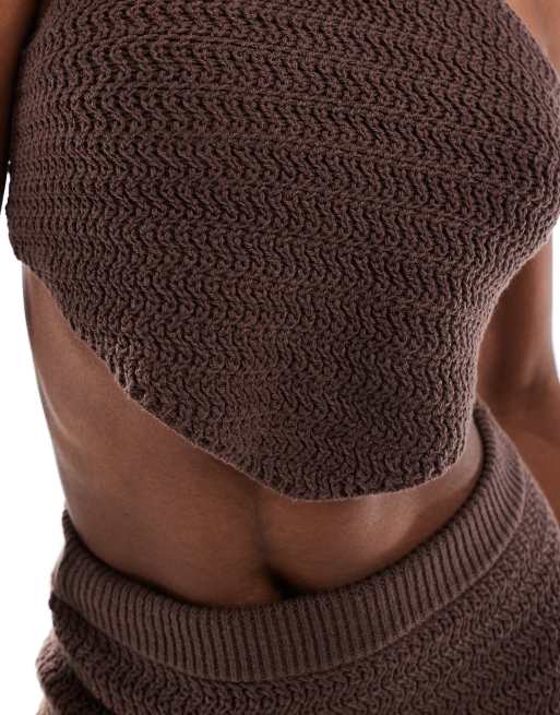 4th & Reckless - Crop top da spiaggia allacciato al collo marrone cioccolato in coordinato, 2 di 4