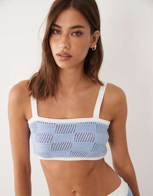 4th & Reckless - Crop top d'ensemble de plage en coton mélangé crocheté à carreaux variés et encolure carrée - Bleu, 2 de 5