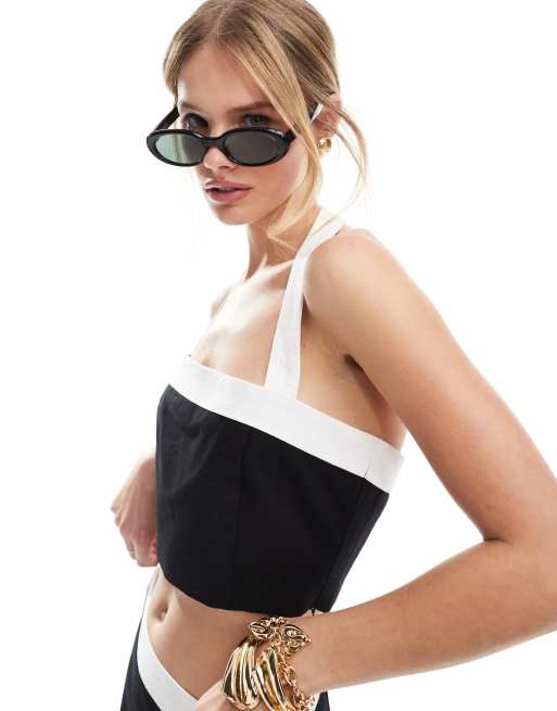 4th & Reckless - Crop top met linnenlook, halternek en contrasterende rand in zwart wit, deel van co-ord set