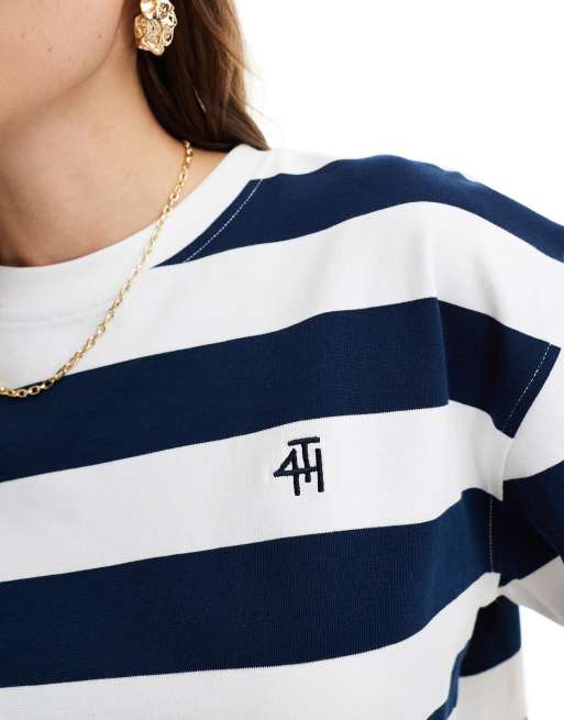 4th & Reckless cropped boxy logo embroidered T-shirt in white and navy  stripe